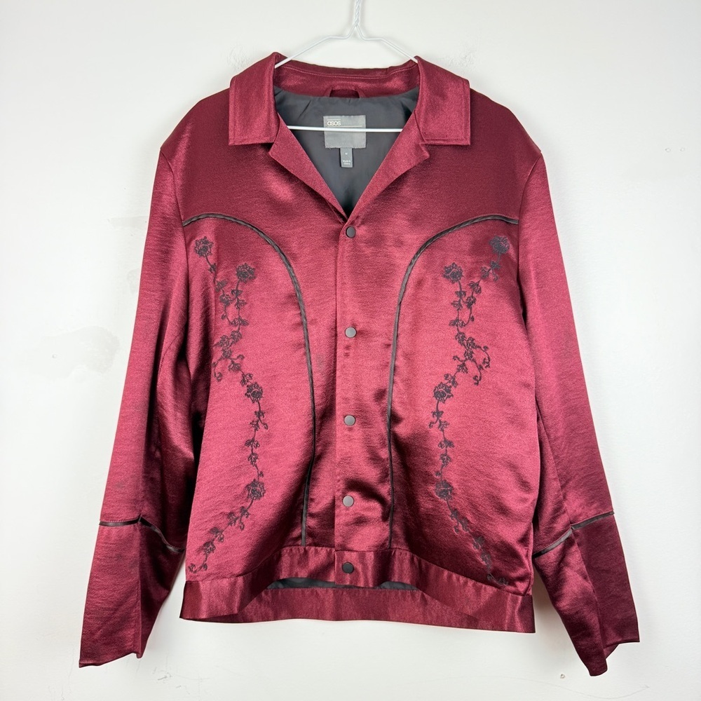 ASOS Embroidered Satin Western Jacket Burgundy Floral Snap Front